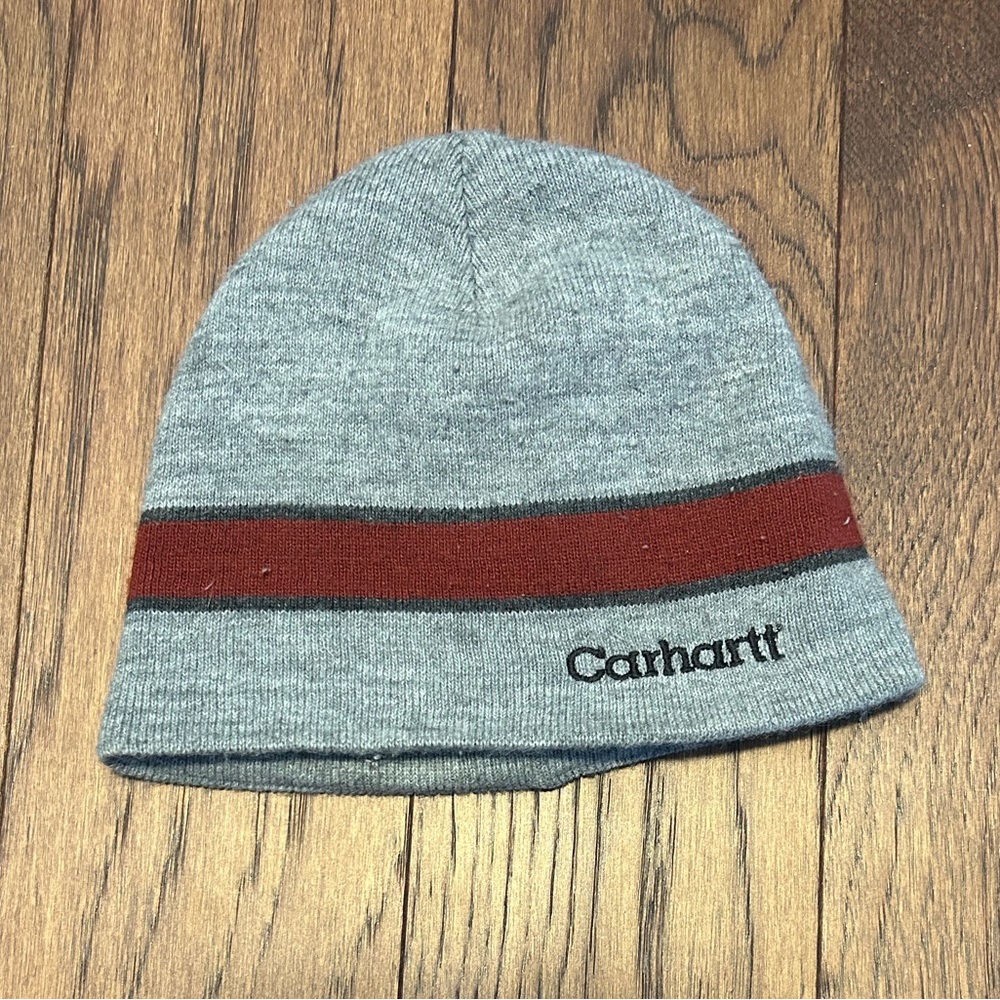 Vintage Carhartt Heather Gray Beanie with Red Stripe